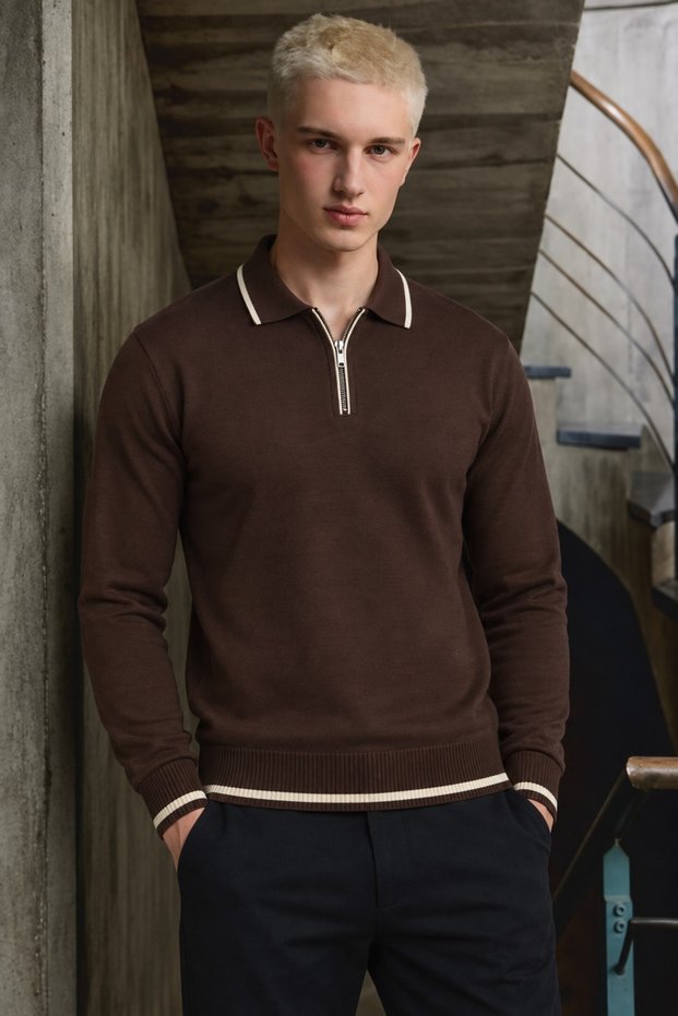 Men's Long Sleeve Polo Collar Brown Sweater