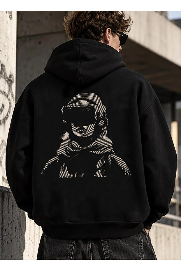 Street Style Mix Printed Hooded Oversized Black Sweatshirt with Pockets