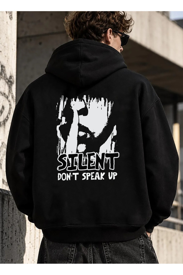 Street Style Mix Printed Hooded Oversized Black Sweatshirt with Pockets