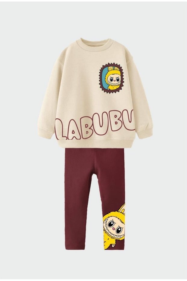 Girl's Brushed Woven Fabric Printed Seatshirt Ribbed Long Leggings Set