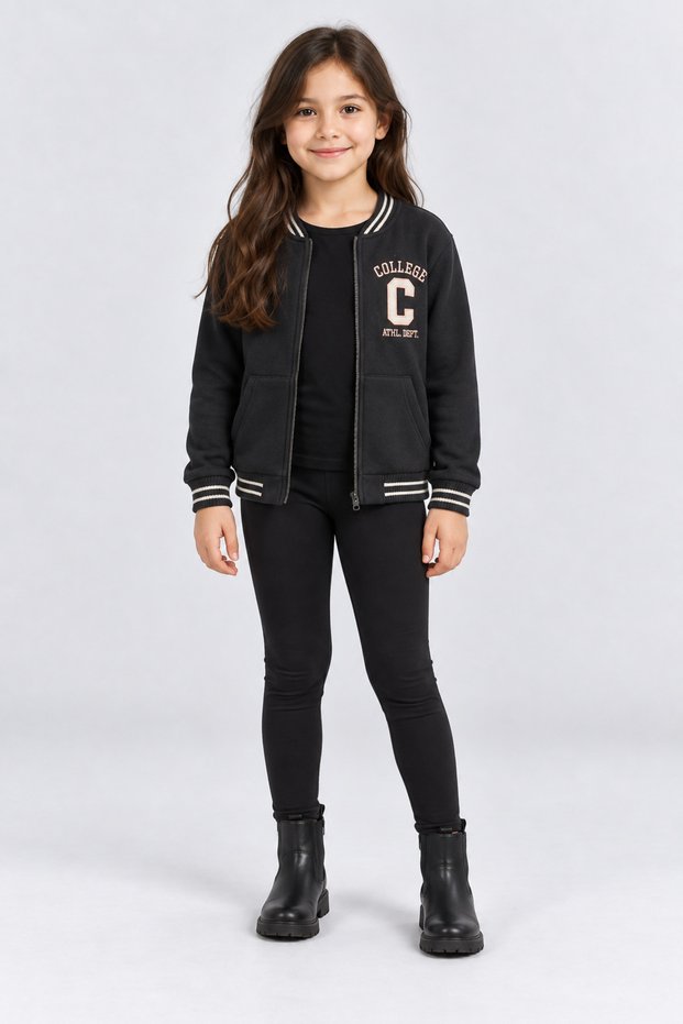Girl's Zippered College Jacket with Pockets and Embroidery Detail Long Sleeve Sweatshirt Ak26690