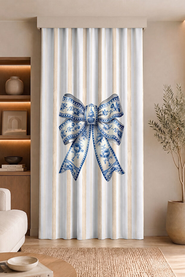 Blue Tile Floral Large Bow Pattern Digital Printed Single Wing Background Curtain (with Throw Pillow as a Gift)