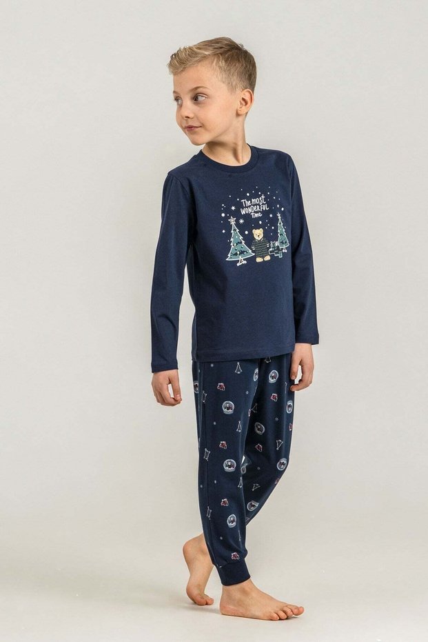 Boy's New Year Themed Long Sleeve Pajama Set Navy Blue