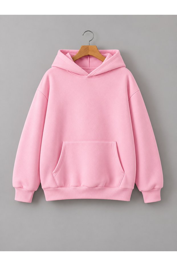 Unisex Oversize Black Plain Hooded Sweatshirt with 3 Thread Ribs and Kangaroo Pocket
