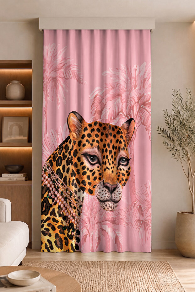 Digital Printed Single Wing Background Curtain with Leopard Figure Wearing a Pearl Necklace Decorative Curtain (Throw Pillow Gift)