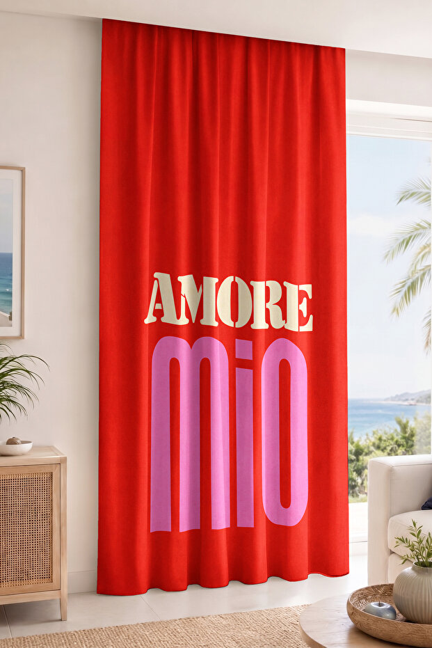 Amore Mio Written Retro Typography Digital Printed Single Wing Background Curtain Decorative Living Room Curtain (Kırlen