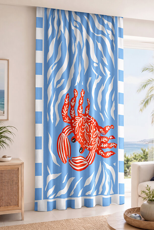 Digital Printed Single Panel Background Curtain with Red Crab Figure and Wave Pattern Modern Kitchen Curtain (K