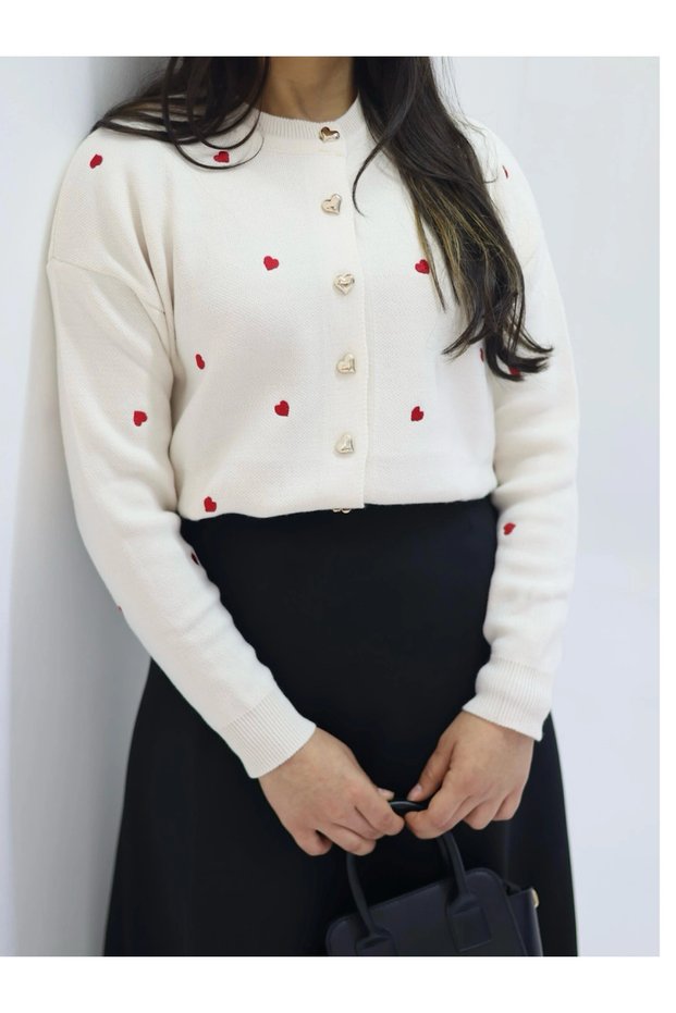 Heart Button Detailed Cardigan - 3219 - Cream