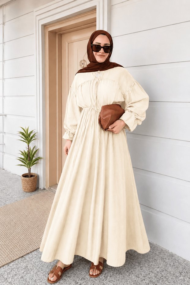 Tulle Striped Dress with Elastic Waist - 5172 - Beige