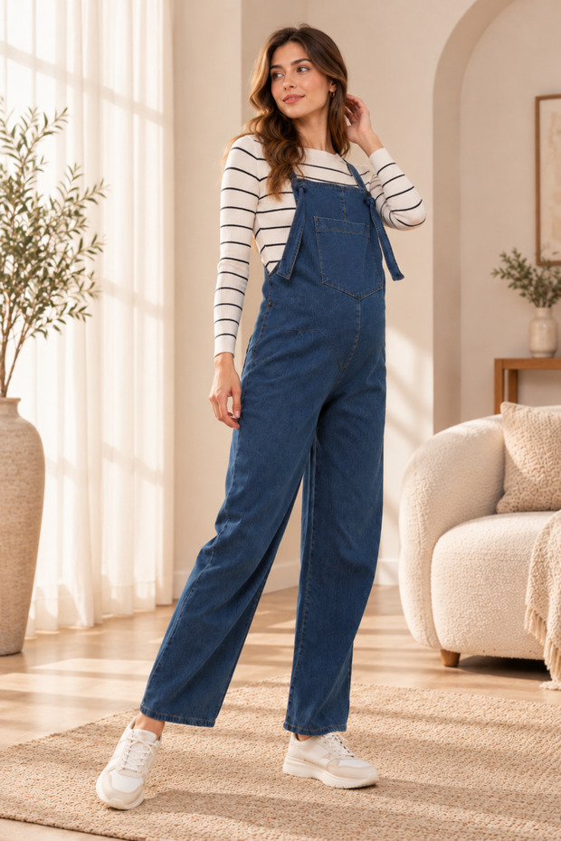Plna6152 – Denim Overalls with Front Pockets – Blue