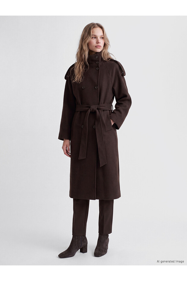 Two Mt Shop Quality Lcw Vision Brown Belted Wool Blend Women's Cashmere Coat