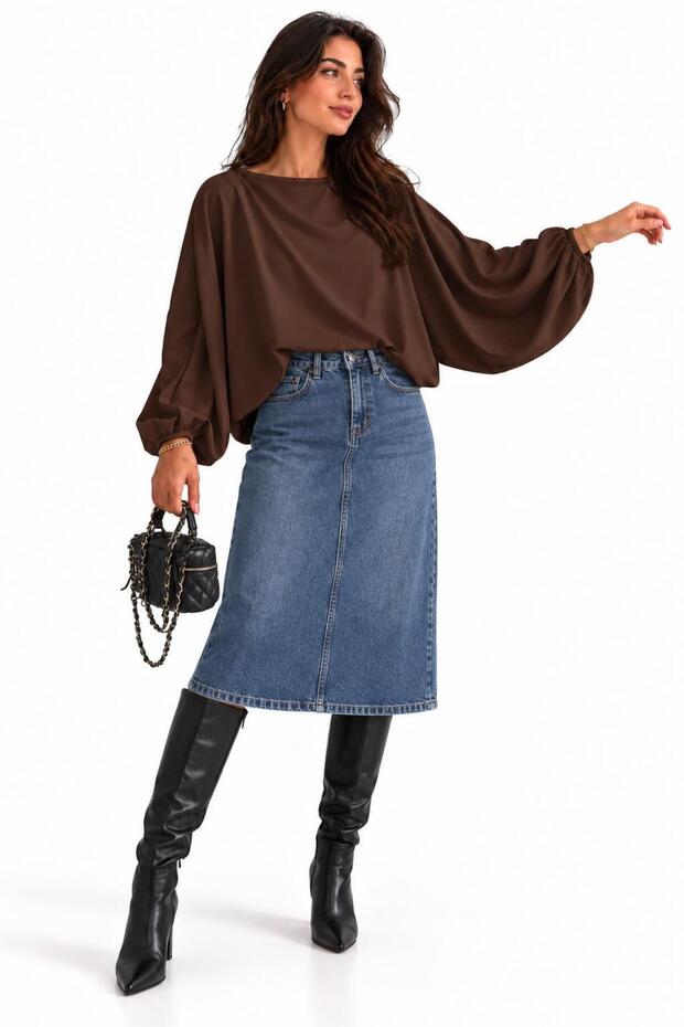 Women's Coffee Color Boat Neck Bat Sleeve Blouse