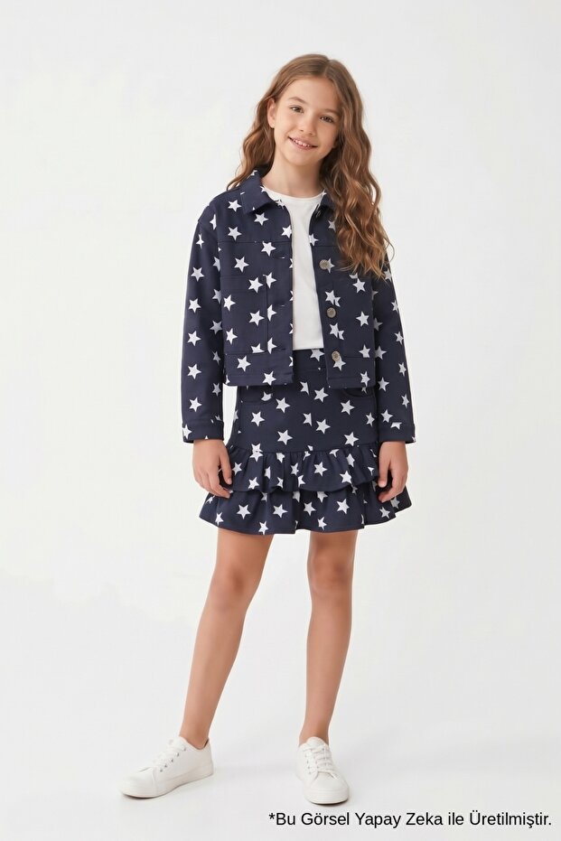 Navy Blue Star Patterned Girl's Gabardine Skirt and Jacket Set - Maria