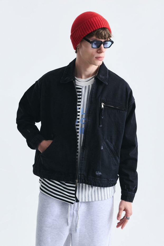 Oversize Zipper Closure Denim Coat
