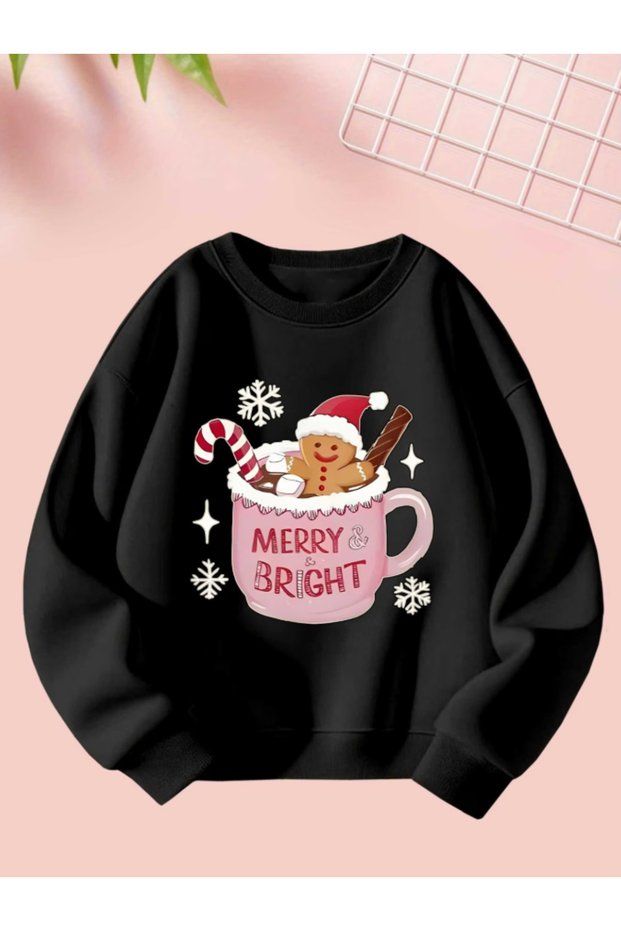 Unisex Women/Men New Year's Merry Bright Printed Cookie Man Detail Premium Crew Neck Oversize Wide Fit Sweatshirt Hoodie