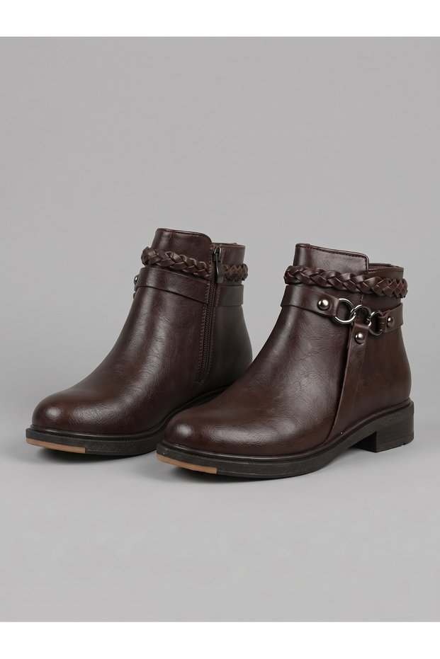 Women's Brown Short Heeled Casual Boots with Knitted Detail and Ring Accessories