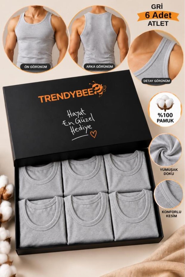 Men's Gray Undershirt 100% Cotton 6-Piece Pack Special Box Flexible Comfortable Cut Casual Undershirt