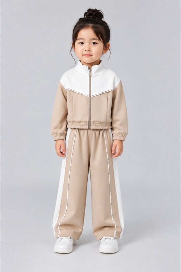 Baby Girl 1-5 Years Old Scallop Embroidered Double Tracksuit Set Beige