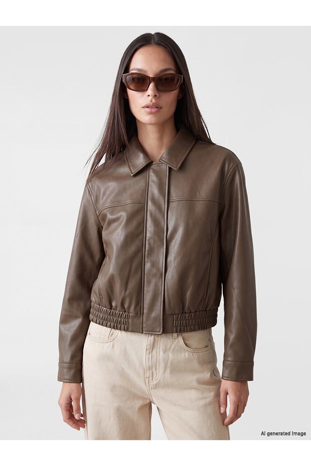 Two Mt Shop Quality Lcw Everyday Green Faux Leather Plain Standard & Regular Women's Leather Look Jacket