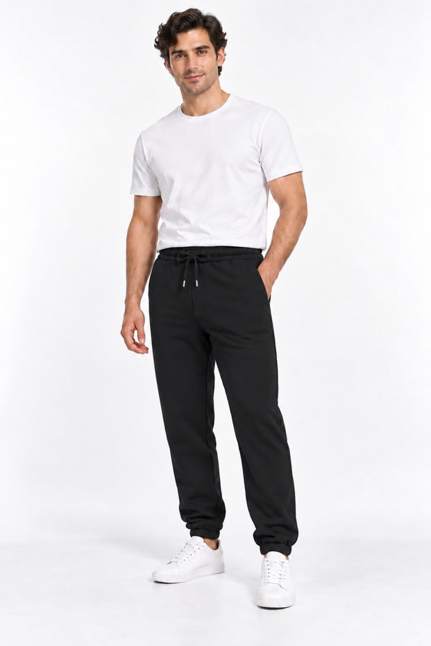 Men's Black 3 Thread Ribbed Elastic Cuff Sweatpants Soft Cotton