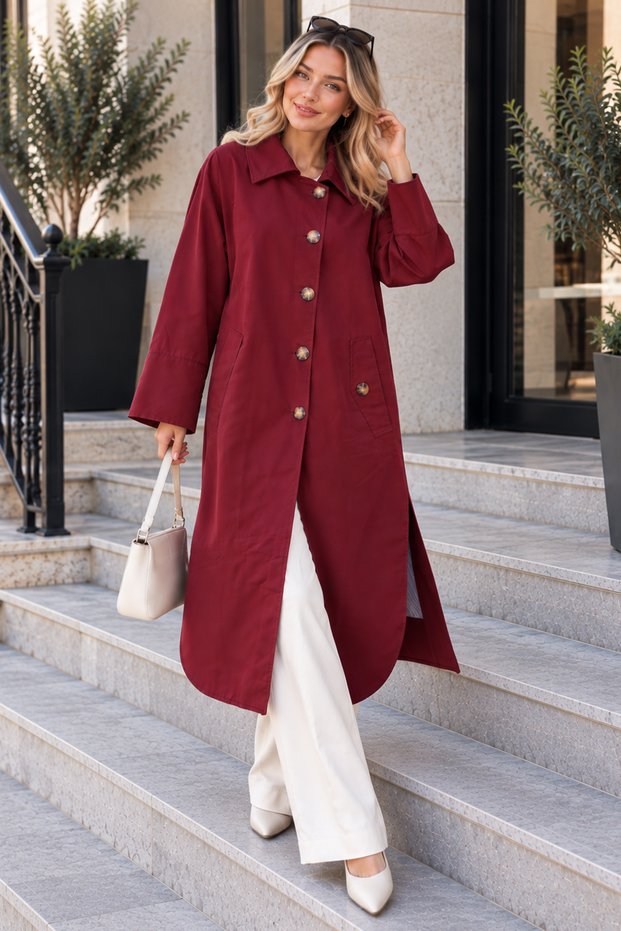 Buttoned Stand Collar Trench Coat A6246 Burgundy