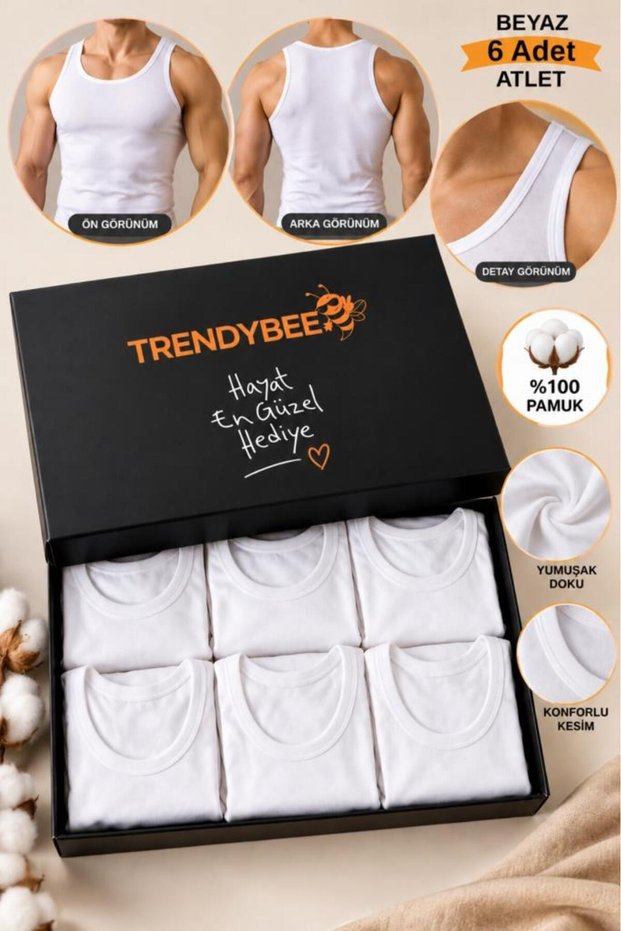 Men's White Undershirt 100% Cotton 6-Piece Pack Special Box Flexible Comfortable Cut Casual Undershirt