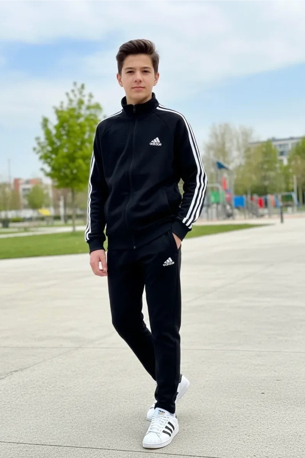 Boy's Yakım Collar Black Zipper 100% Cotton Suit