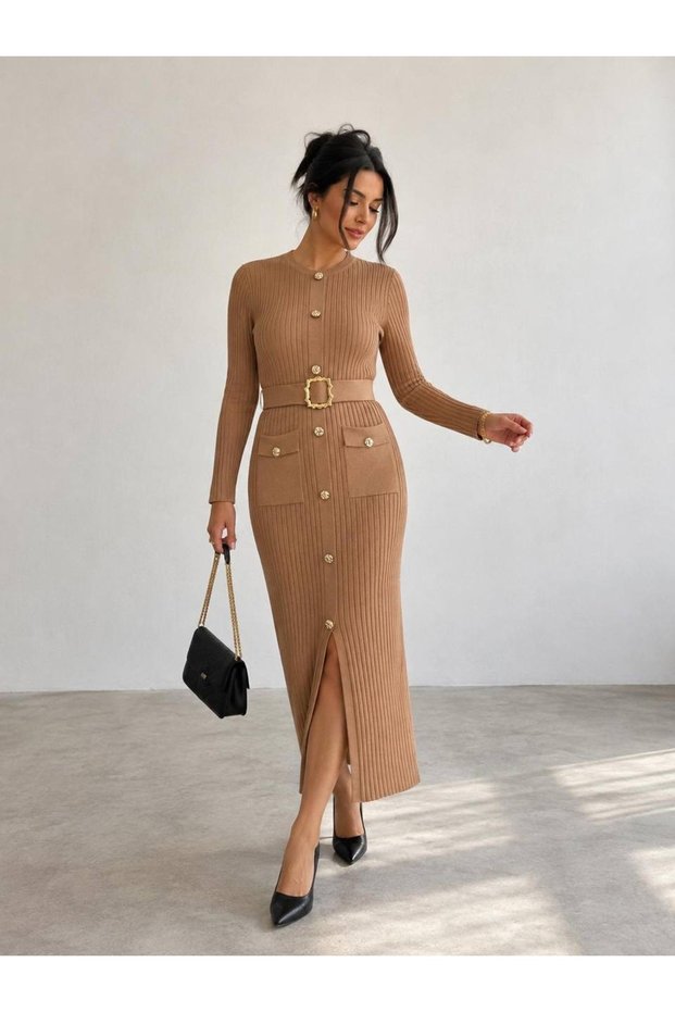 Women's Knitwear Slit Dress with Belt Detail