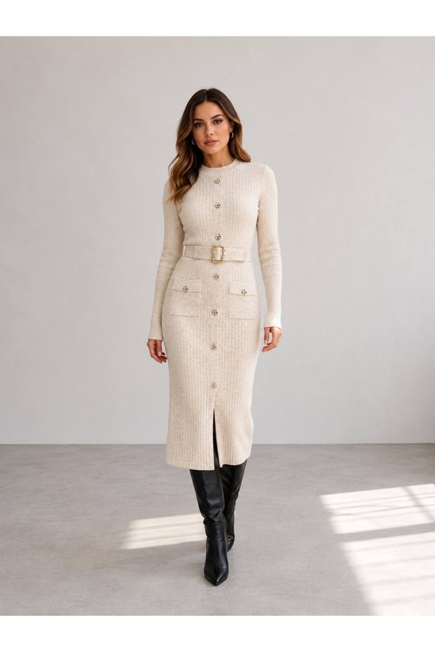 Women's Knitwear Slit Dress with Belt Detail