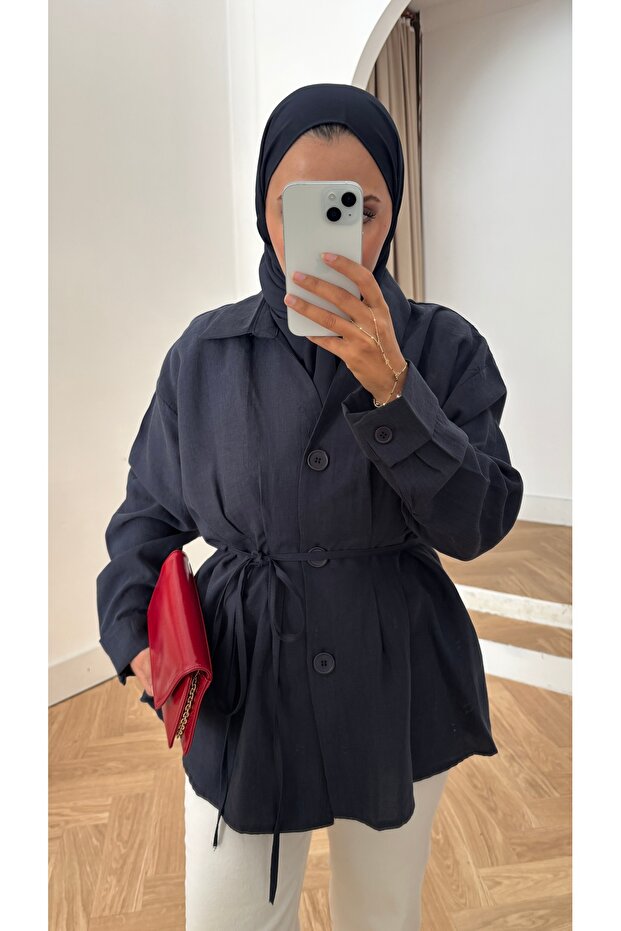 Women's Front-Seamed and Buttoned Waist-Tied Hijab Modal Shirt - Navy Blue