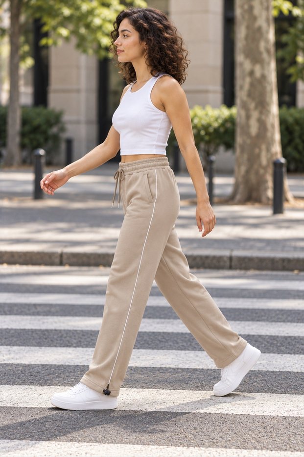 Baggy, Cuffed, Side-Piping, 3-Thread Winter Women's Beige Sweatpants