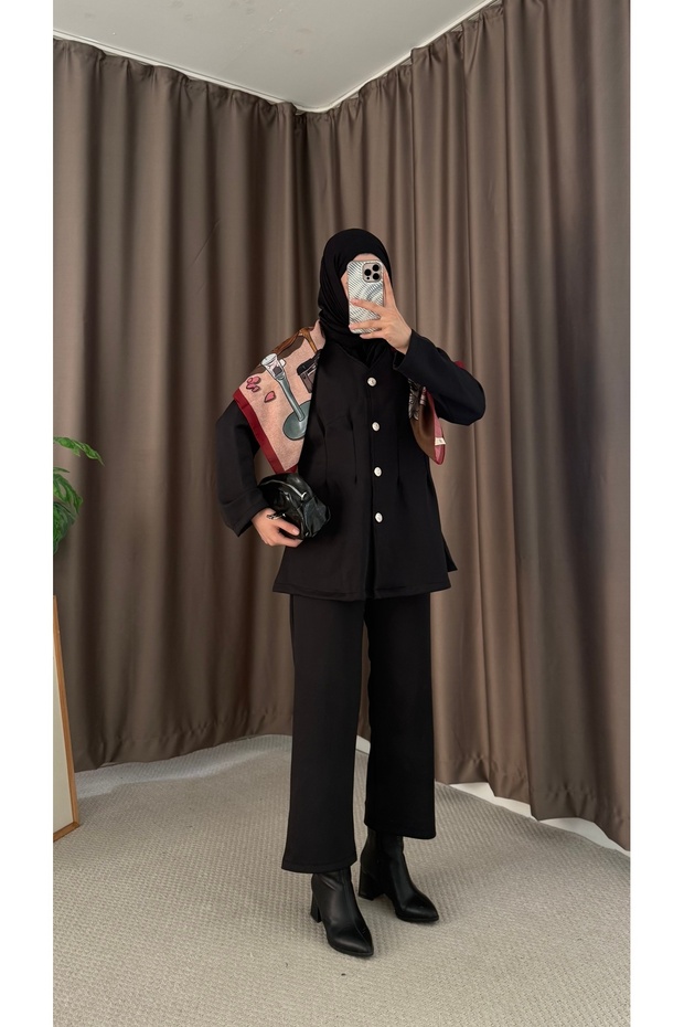 Buttoned Pleated Scuba Trousers Suit - Tbl - 22007 - Black