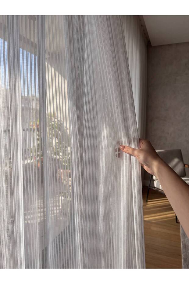1/3 Dense Pleated Silver Glitter Detailed Off-White Vertical Striped Tulle Curtain