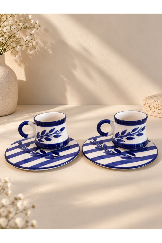 Leaf-Patterned Handmade Ceramic Presentation Bowl, Navy Blue, 2-Piece Coffee Cup Set