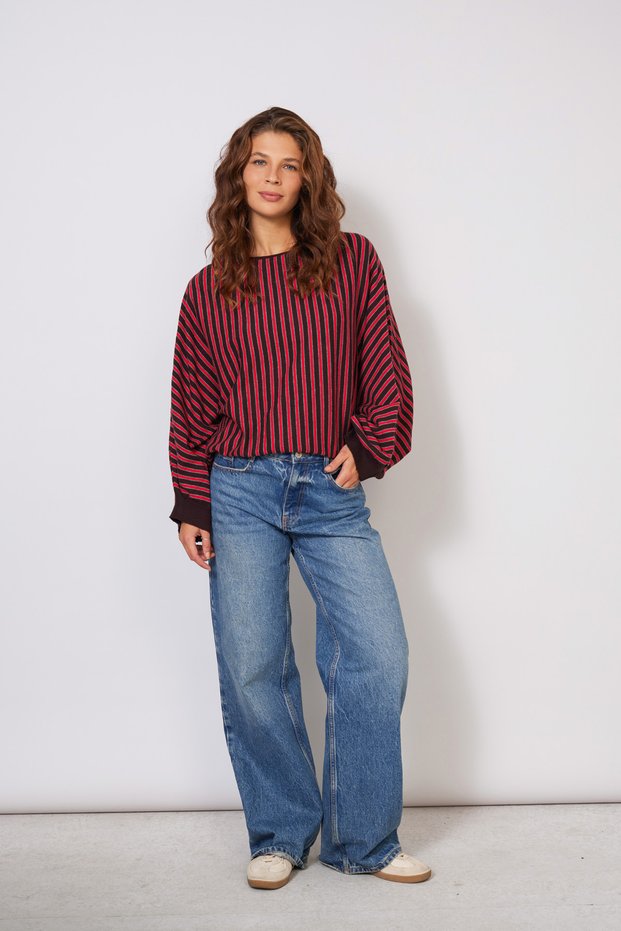 Oversize Bat Sleeve Striped Knitted Blouse Brown-Red