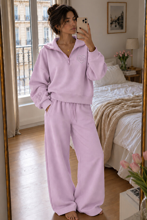 Women's Pink Stand Collar Embroidery Detailed 3-Thread Sweatshirt