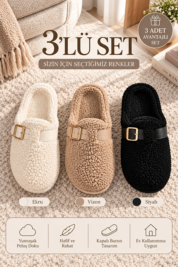 Women's 3-Piece Ecru Mink Black Buckle Plush Closed Toe 3 cm Sole Home Slipper Set Byndskl03