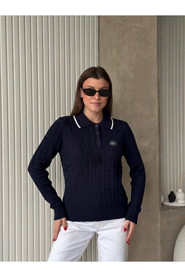 Lcs Polo Collar Navy Blue Short Knit Sweater