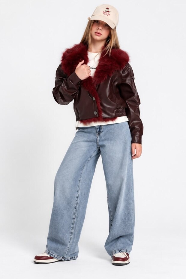 Girl's 9-14 Years Old Leather Coat with Fur Collar Detail, Burgundy