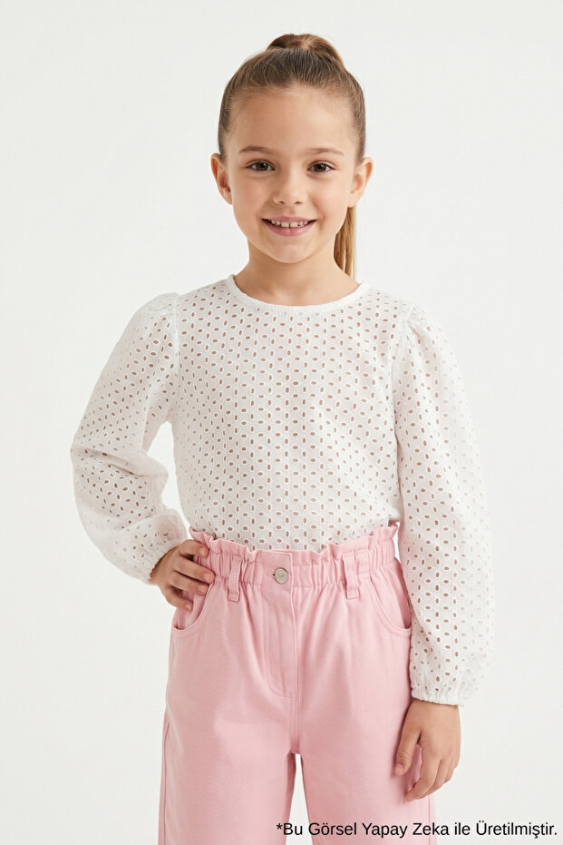 White Scallop Long Sleeve Girls' Blouse - Lowell