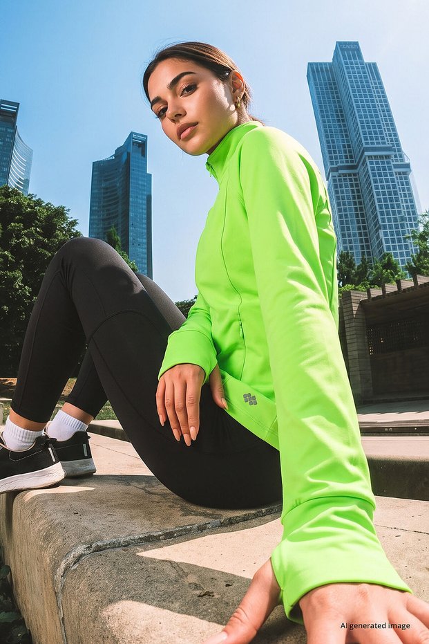 Neon Yellow Zippered Stand Collar Basic Comfortable Fit Women's Running Jacket - 97310
