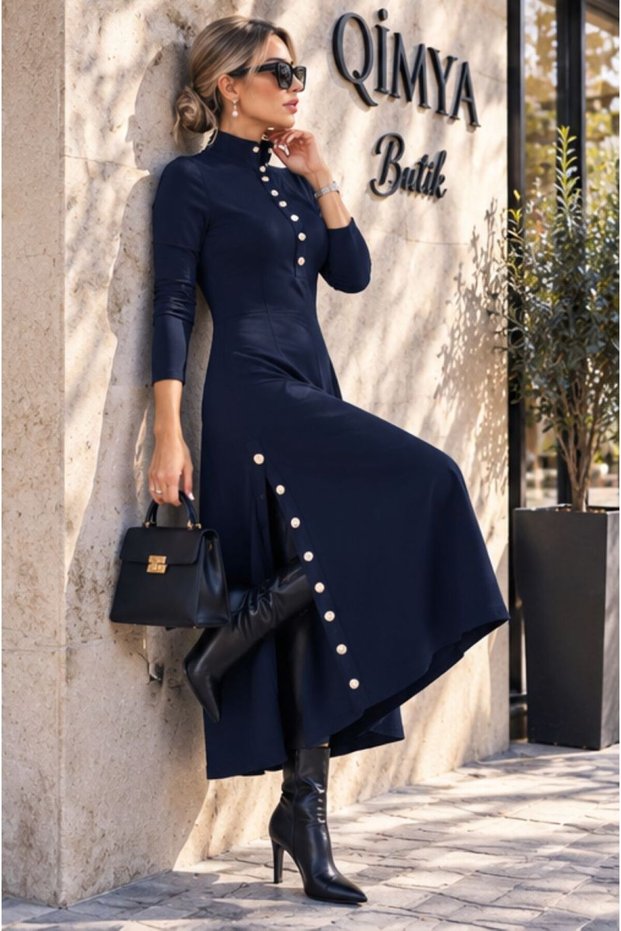 Buketli̇ Women's D Mock Neck and Two Side Snap Detail Steel Knitted Combed Cotton Knitwear Long Sleeve Long Dress