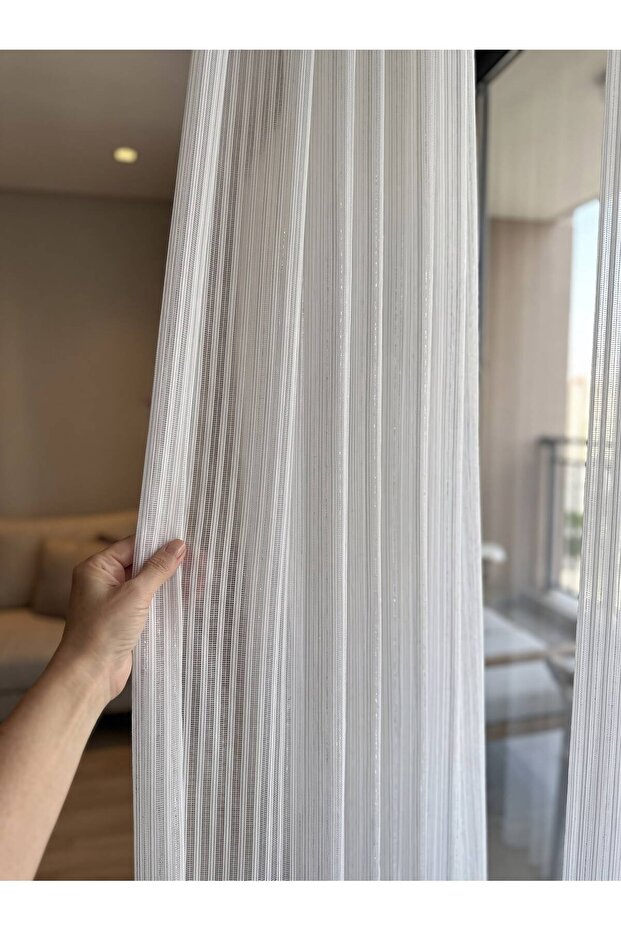 Modern Living Room Tulle Curtain, Off-White Cordone Stripe and Silver Glitter, 1/3 Dense Pleat