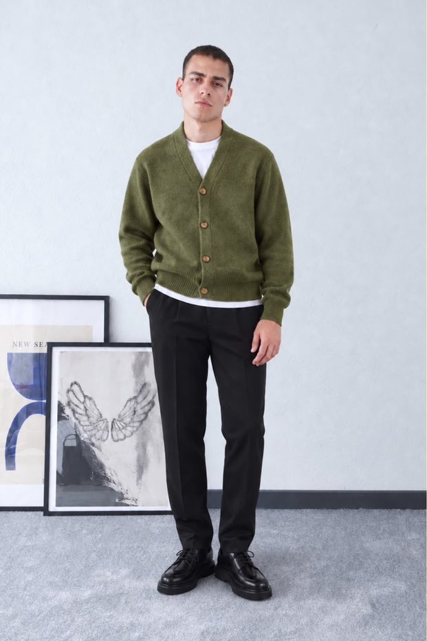 Men's Regular Winter Buttoned Knitwear Cardigan & Regular Fabric Trousers 2-Piece Set