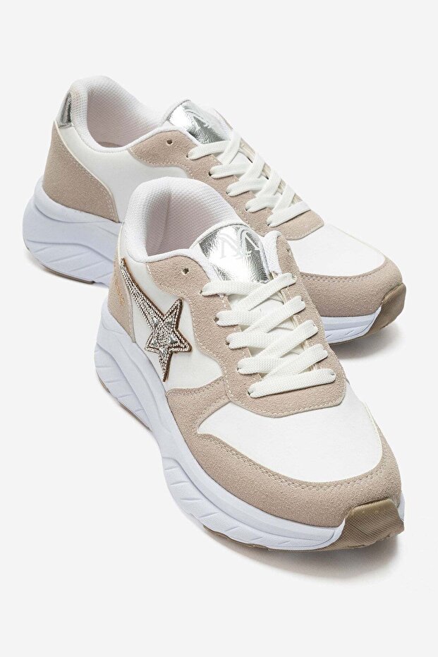 Star Stone Laced Leather Sports Shoes; White