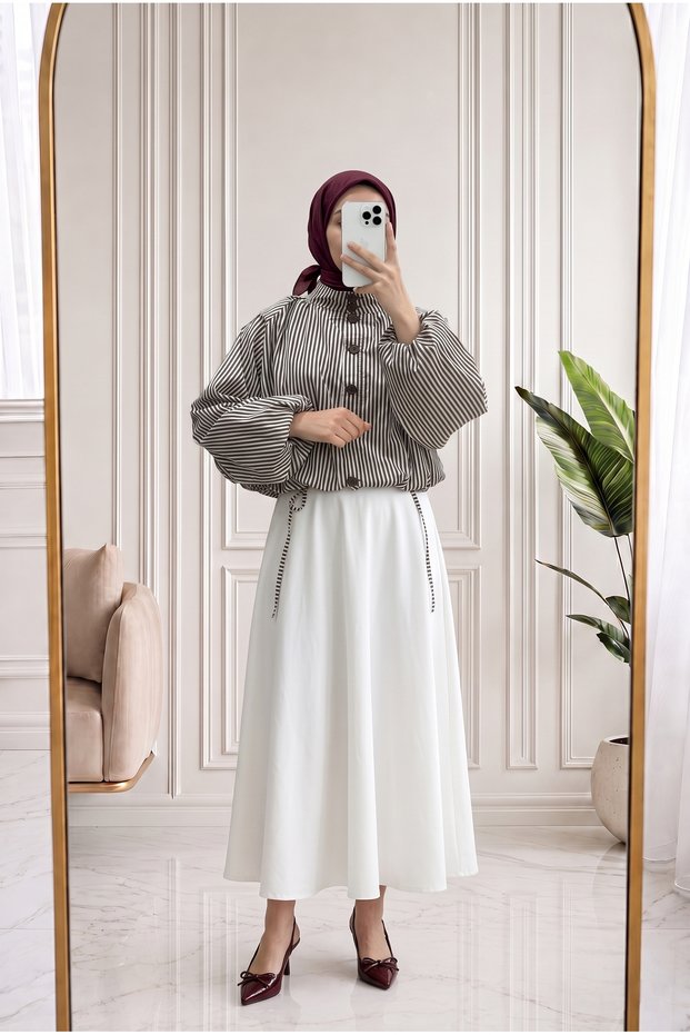 Gülbeden Hakim Collar Elastic Striped Jacket-Nl1044 Brown