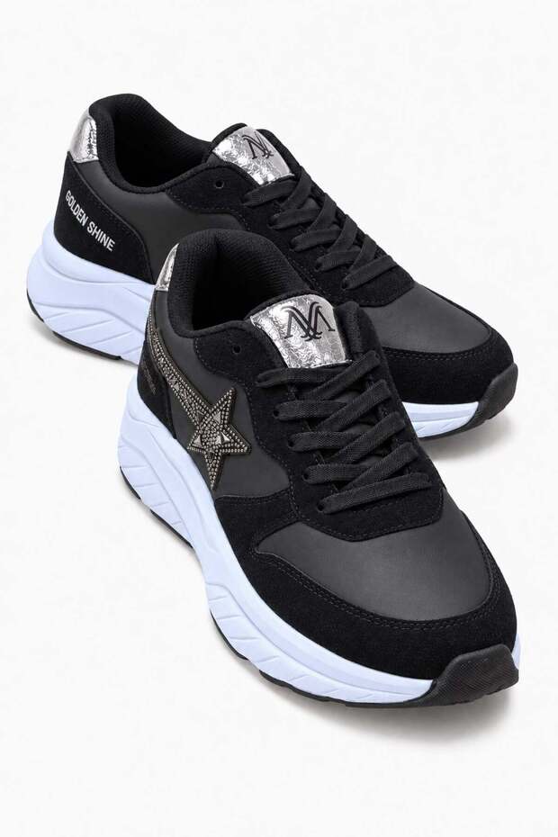 Star Stone Laced Leather Sports Shoes; Black and White