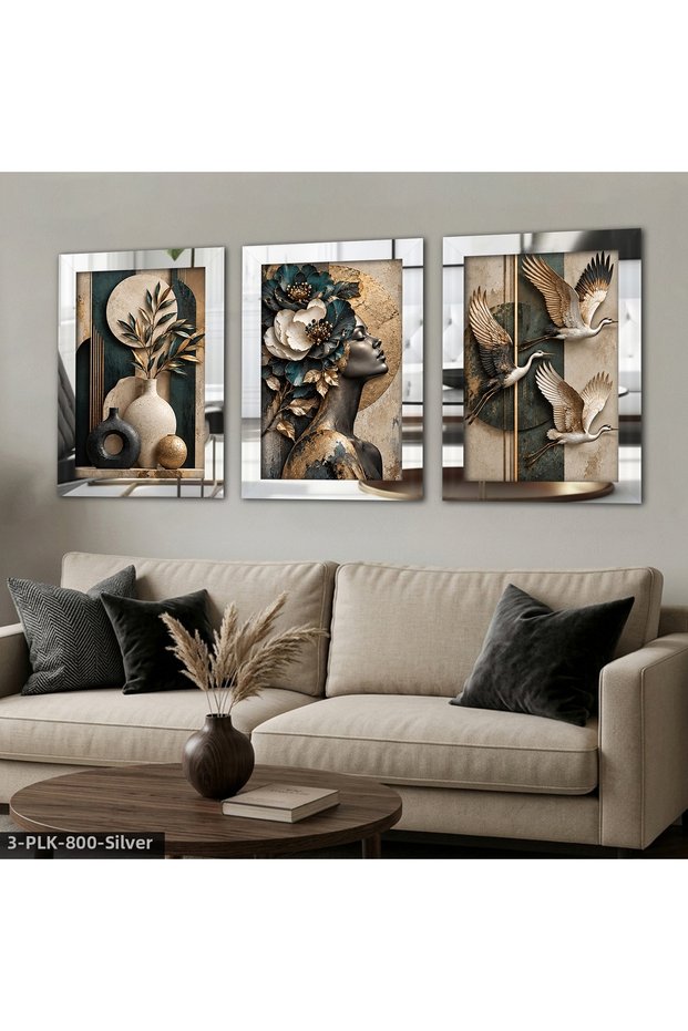 Plant Birds and Flowering Woman Portrait 3 Piece Plexi Mirrored Painting