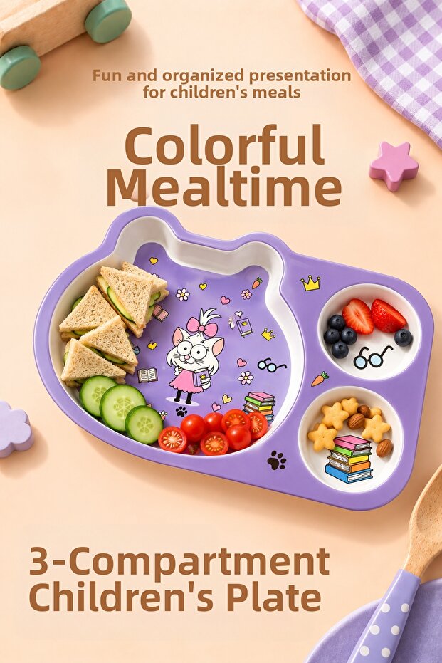 Kral Şakir Figured 3-Compartment Melamine Children's Plate - Durable Bpa Free Nutrition Plate - Canan, Purple