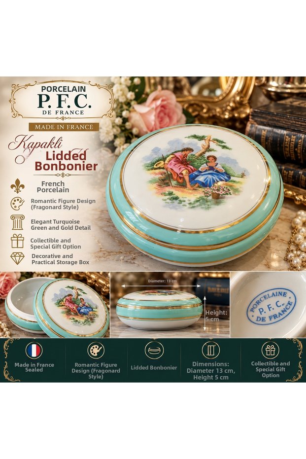 P.F.C. De France French Porcelain Bonbonniere with Lid – Fragonard Style Romantic Figured Turquoise Storage Box 13 cm